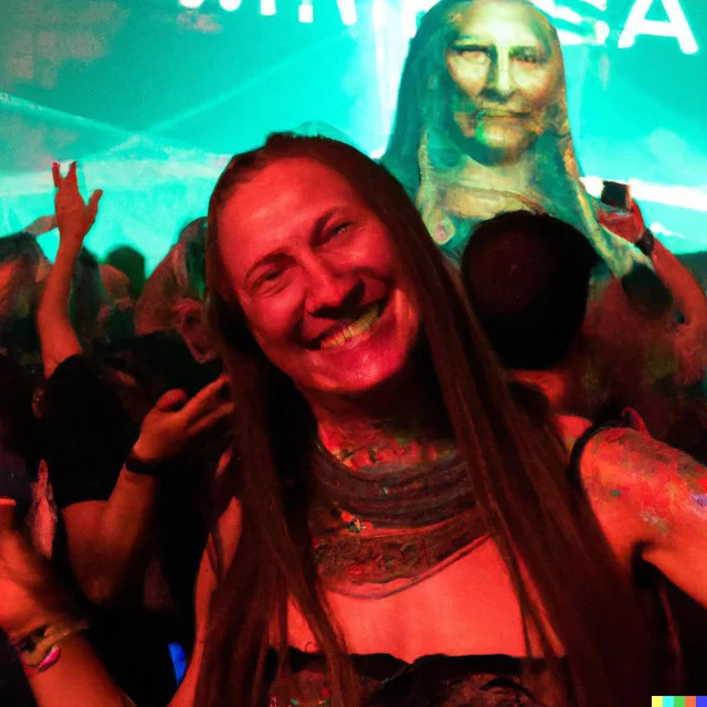 Mona Lisa having the time of her life in a techno festival